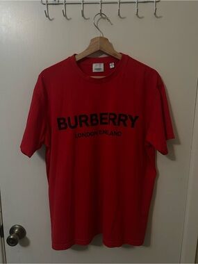 Burberry Red Short-Sleeve Logo Tee with Black Print